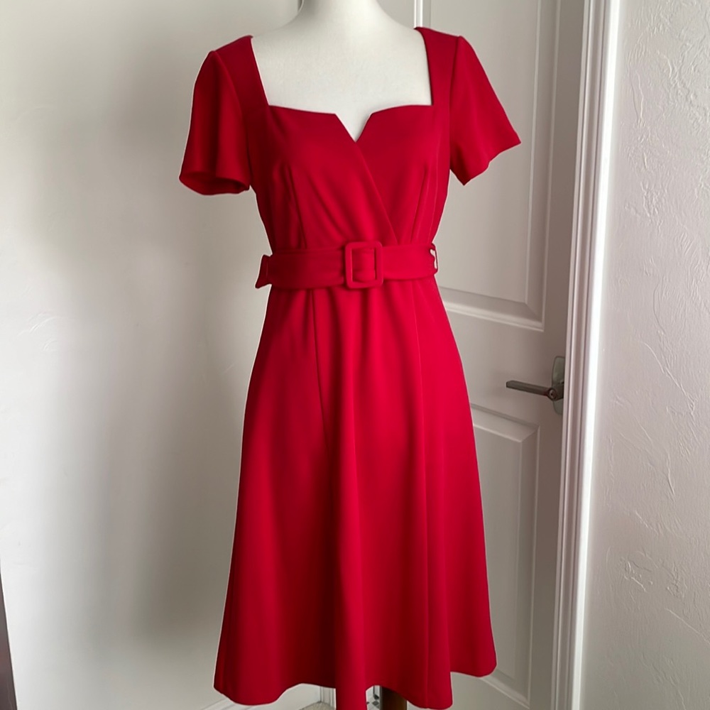 Donna Morgan belted fit and flare dress